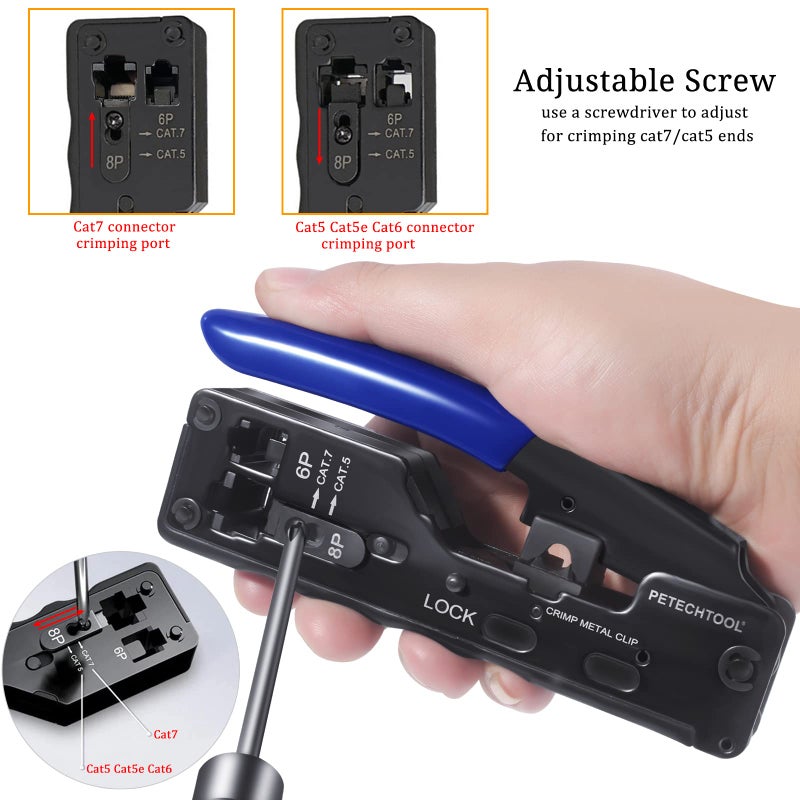 PETECHTOOL RJ45 Crimp Tool Ethernet Crimper for Cat7 Cat6A Cat5e Cat5 RJ45 Pass Through Connector and 6P Telephone Plug - Image 3